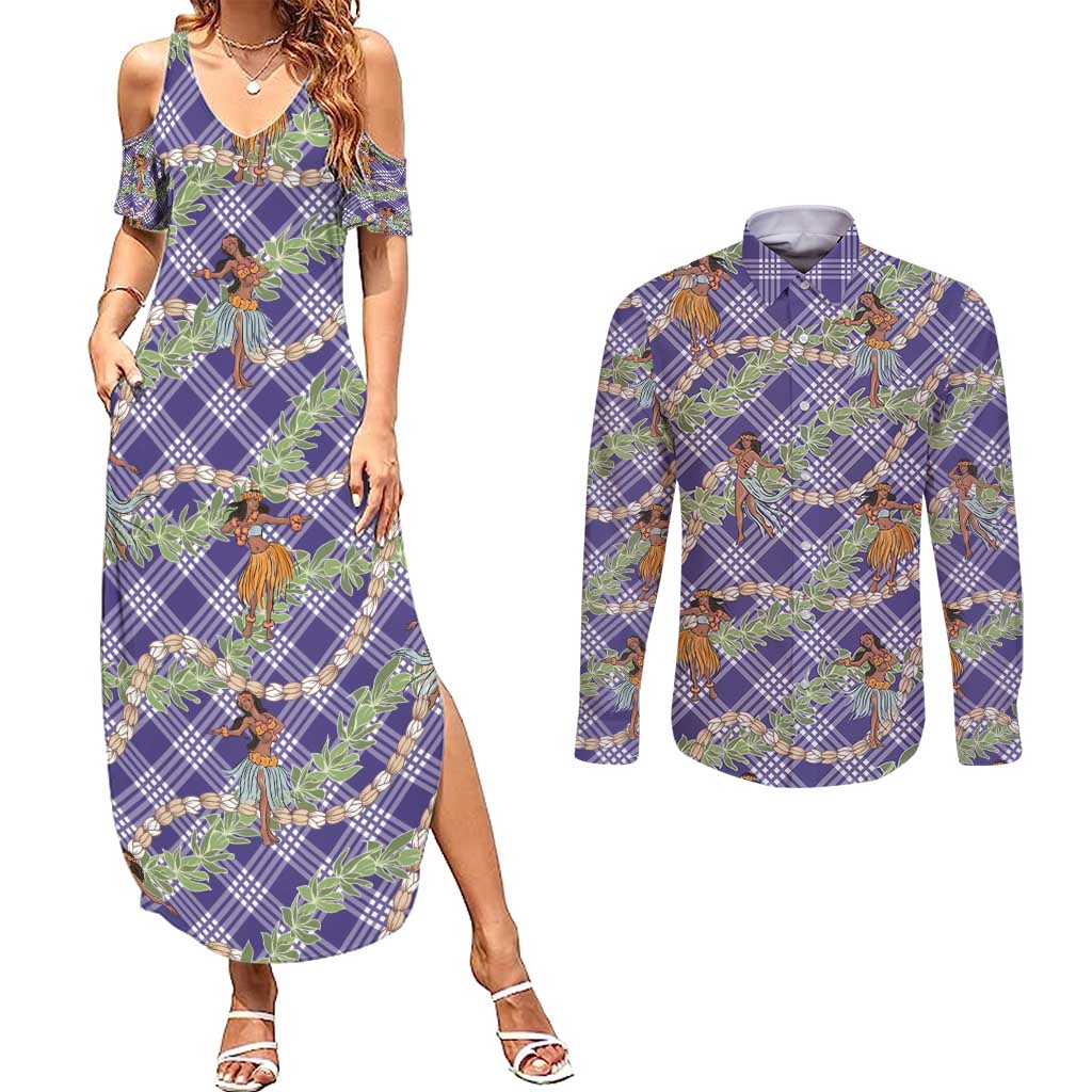 Lavender Palaka Hula Girls Seamless Hawaii Aloha Couples Matching Summer Maxi Dress and Long Sleeve Button Shirt - Polynesian Pride