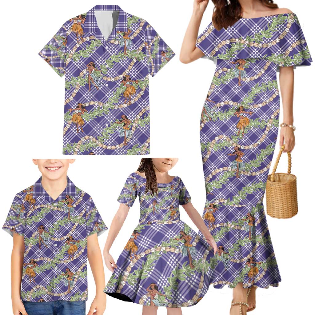Lavender Palaka Hula Girls Seamless Hawaii Aloha Family Matching Mermaid Dress and Hawaiian Shirt - Polynesian Pride
