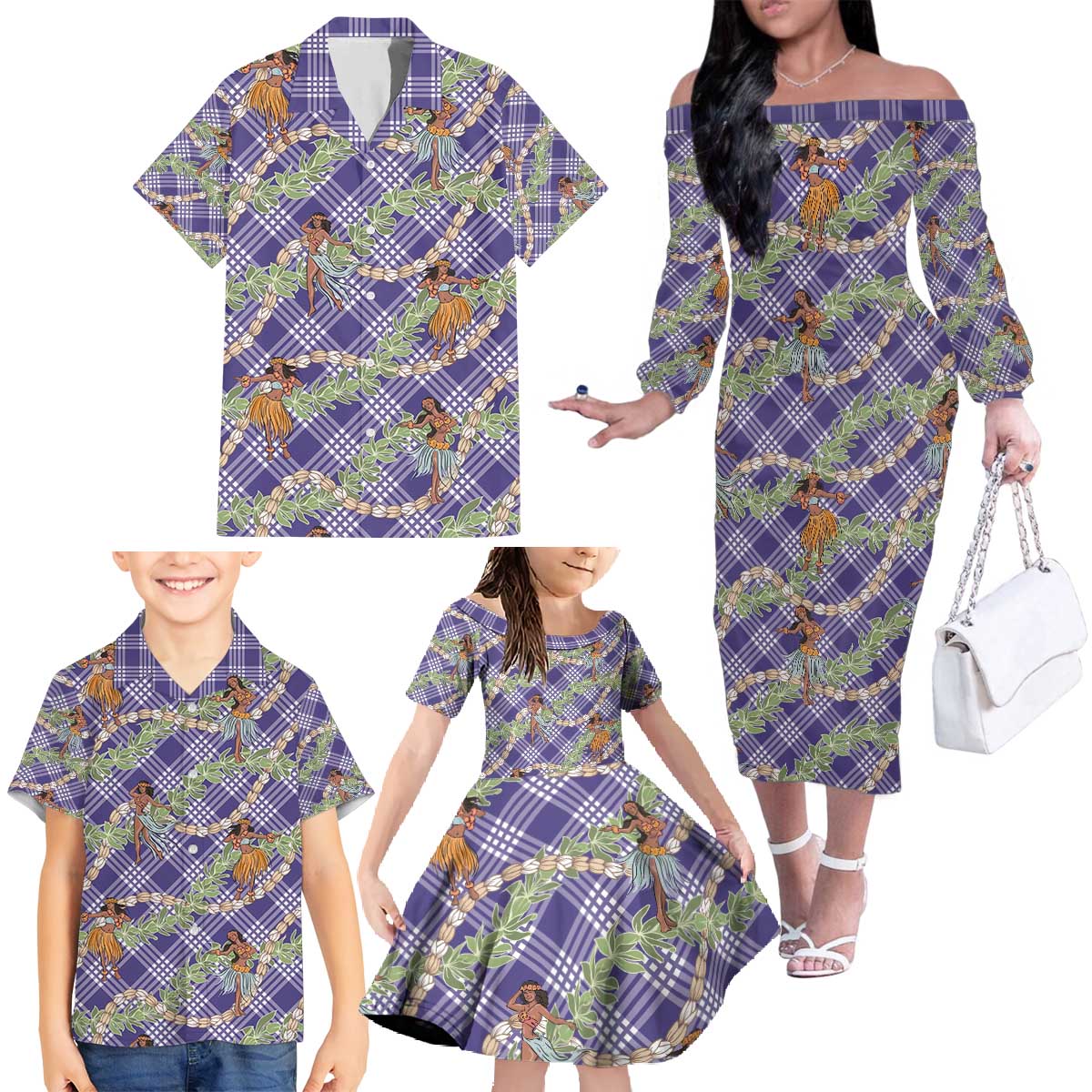Lavender Palaka Hula Girls Seamless Hawaii Aloha Family Matching Off The Shoulder Long Sleeve Dress and Hawaiian Shirt - Polynesian Pride