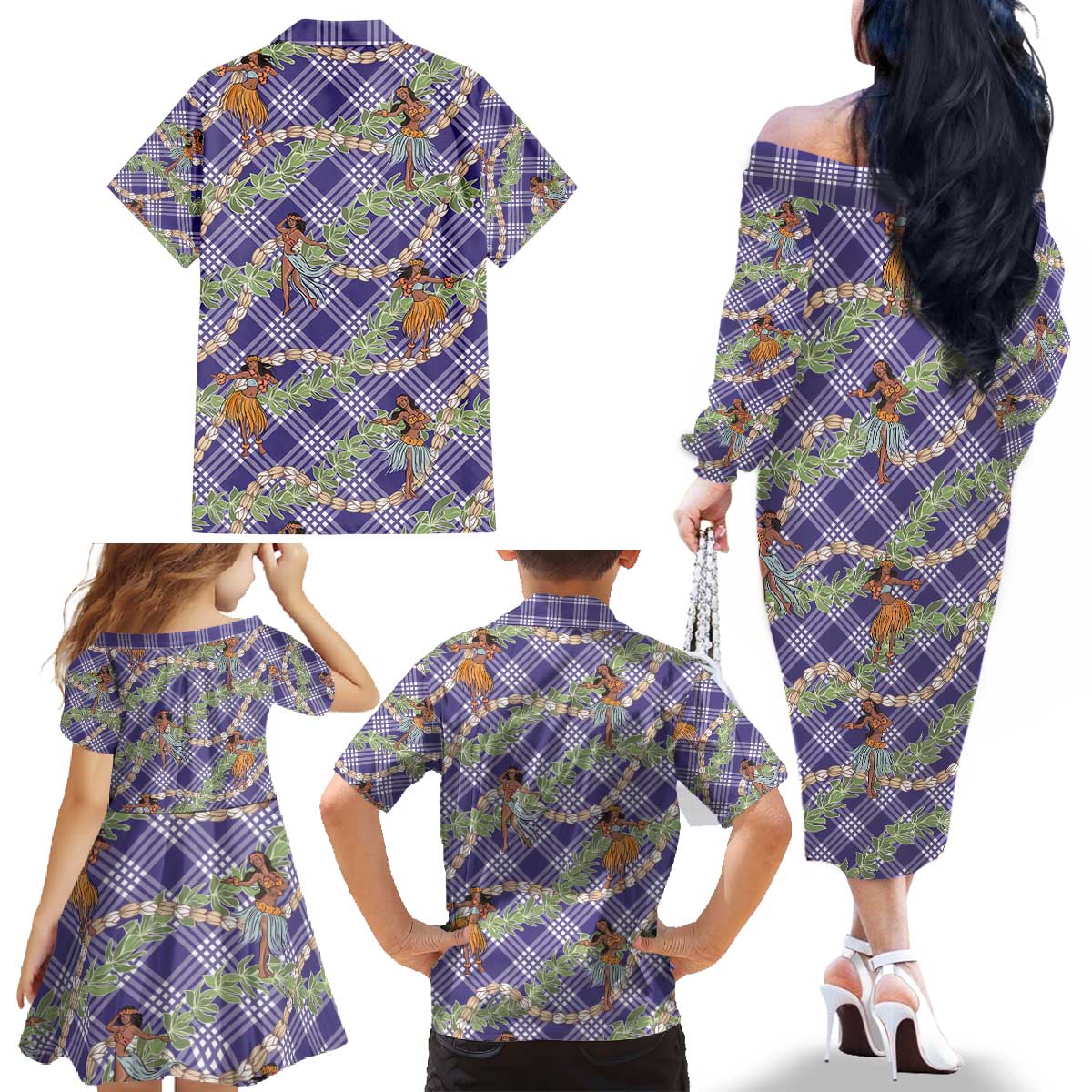 Lavender Palaka Hula Girls Seamless Hawaii Aloha Family Matching Off The Shoulder Long Sleeve Dress and Hawaiian Shirt - Polynesian Pride