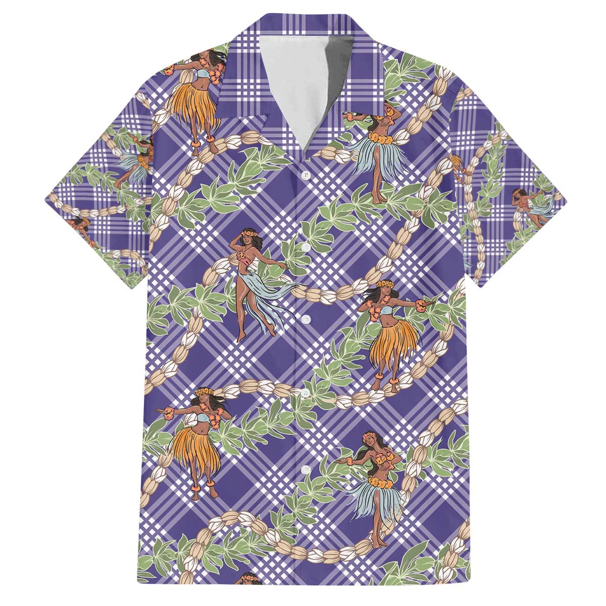 Lavender Palaka Hula Girls Seamless Hawaii Aloha Family Matching Off The Shoulder Long Sleeve Dress and Hawaiian Shirt - Polynesian Pride