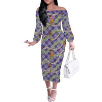 Lavender Palaka Hula Girls Seamless Hawaii Aloha Family Matching Off The Shoulder Long Sleeve Dress and Hawaiian Shirt - Polynesian Pride