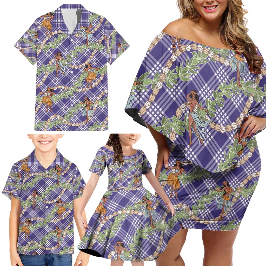 Lavender Palaka Hula Girls Seamless Hawaii Aloha Family Matching Off Shoulder Short Dress and Hawaiian Shirt - Polynesian Pride