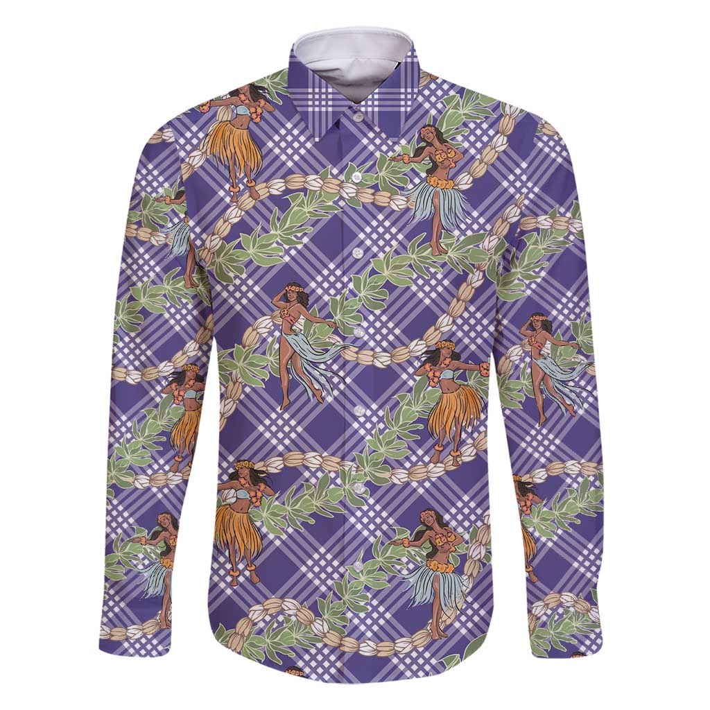 Lavender Palaka Hula Girls Seamless Hawaii Aloha Family Matching Off Shoulder Short Dress and Hawaiian Shirt - Polynesian Pride