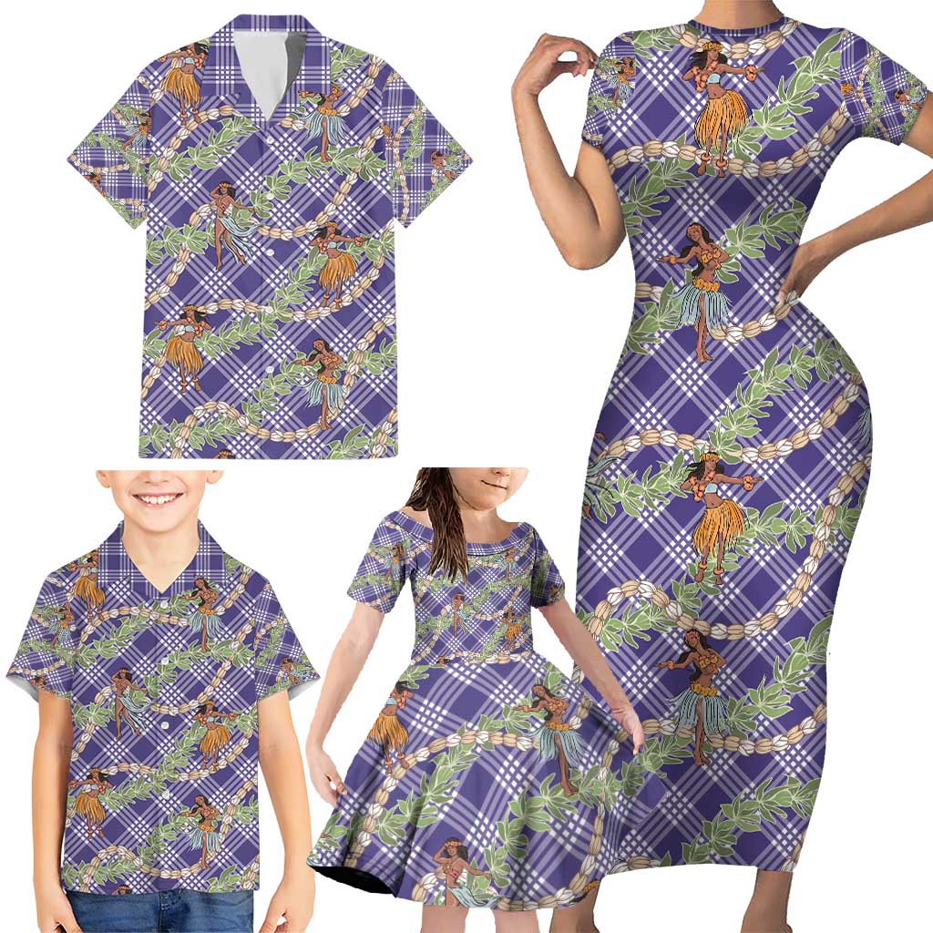 Lavender Palaka Hula Girls Seamless Hawaii Aloha Family Matching Short Sleeve Bodycon Dress and Hawaiian Shirt - Polynesian Pride