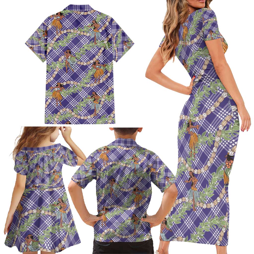 Lavender Palaka Hula Girls Seamless Hawaii Aloha Family Matching Short Sleeve Bodycon Dress and Hawaiian Shirt - Polynesian Pride