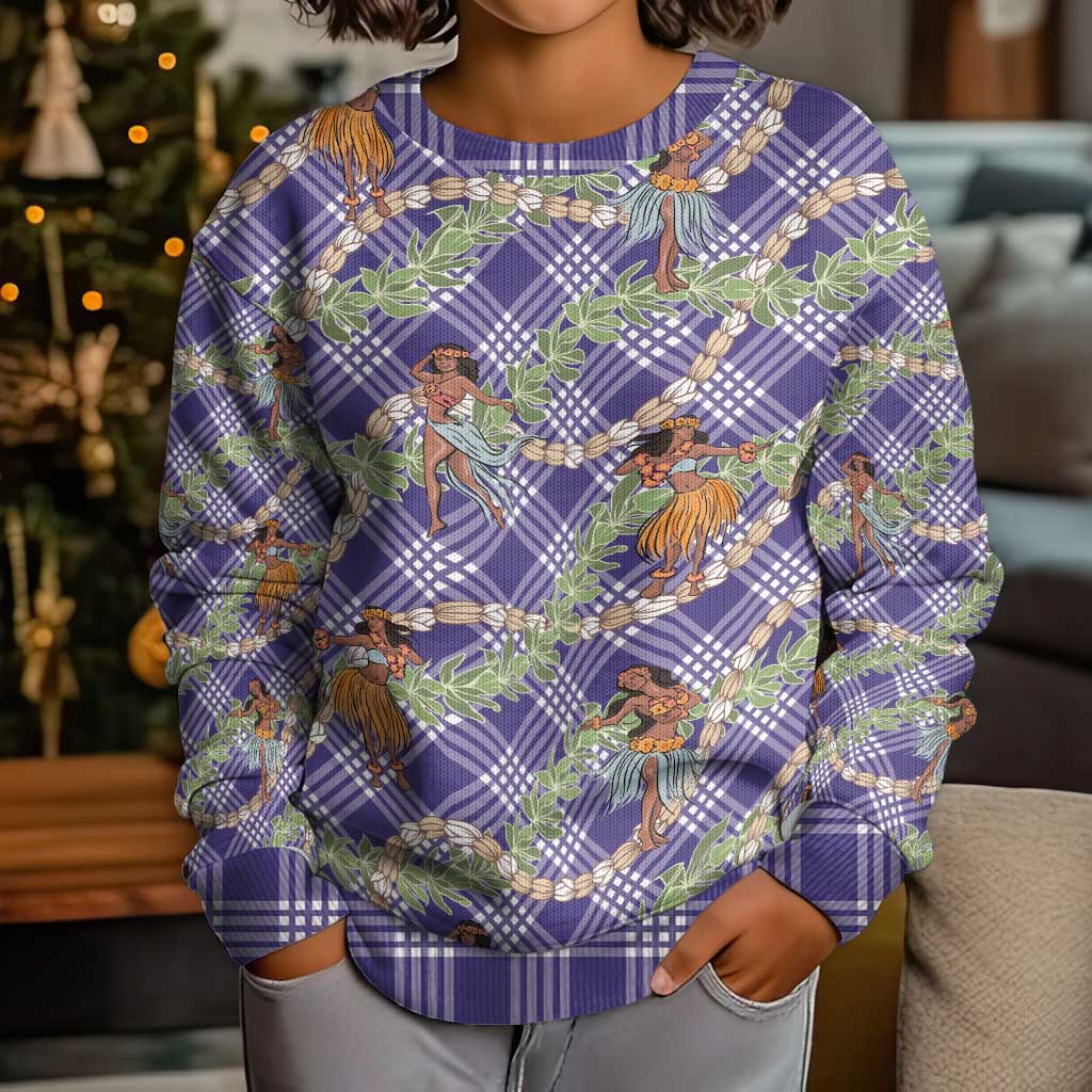 Lavender Palaka Hula Girls Seamless Hawaii Aloha Kid Ugly Christmas Sweater - Polynesian Pride