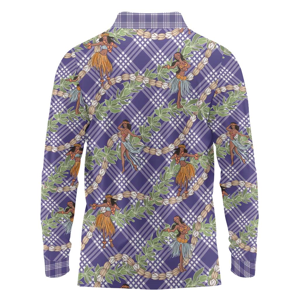 Lavender Palaka Hula Girls Seamless Hawaii Aloha Long Sleeve Polo Shirt - Polynesian Pride