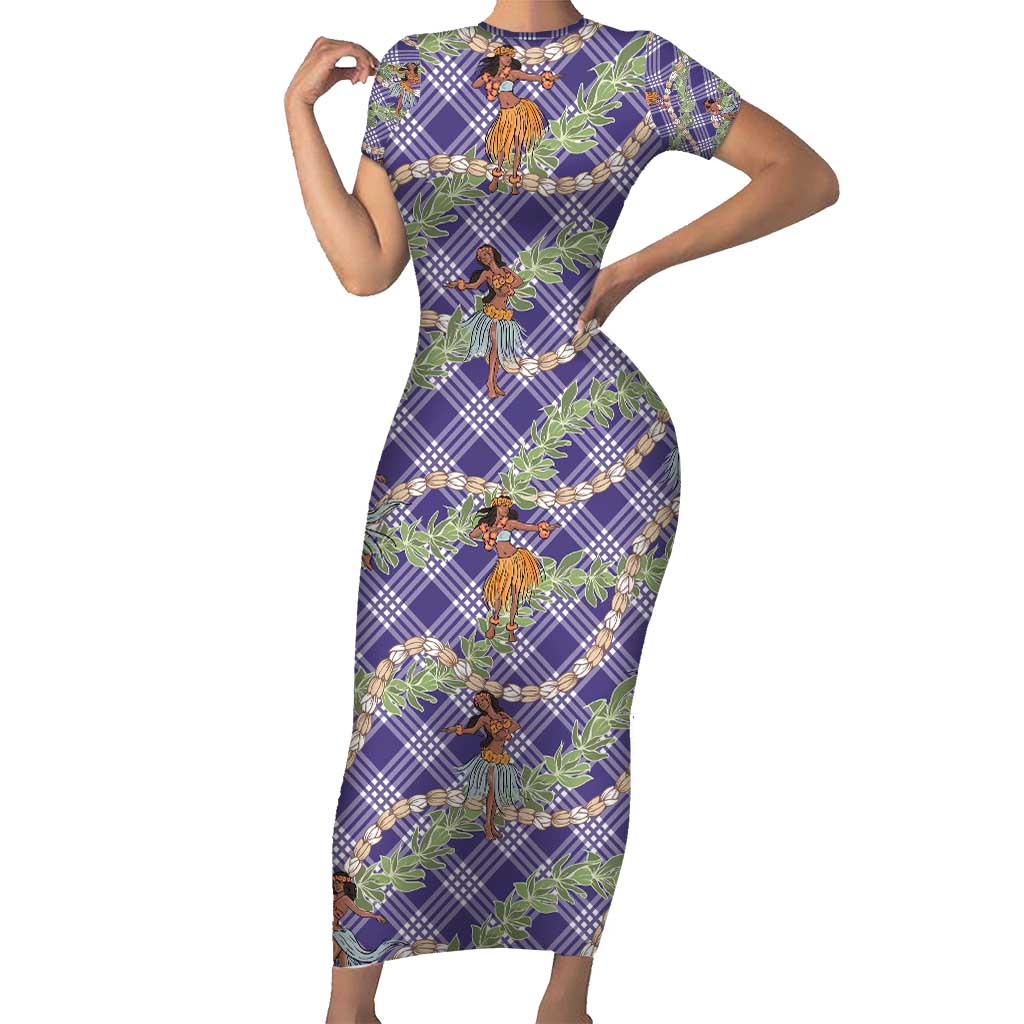 Lavender Palaka Hula Girls Seamless Hawaii Aloha Short Sleeve Bodycon Dress - Polynesian Pride