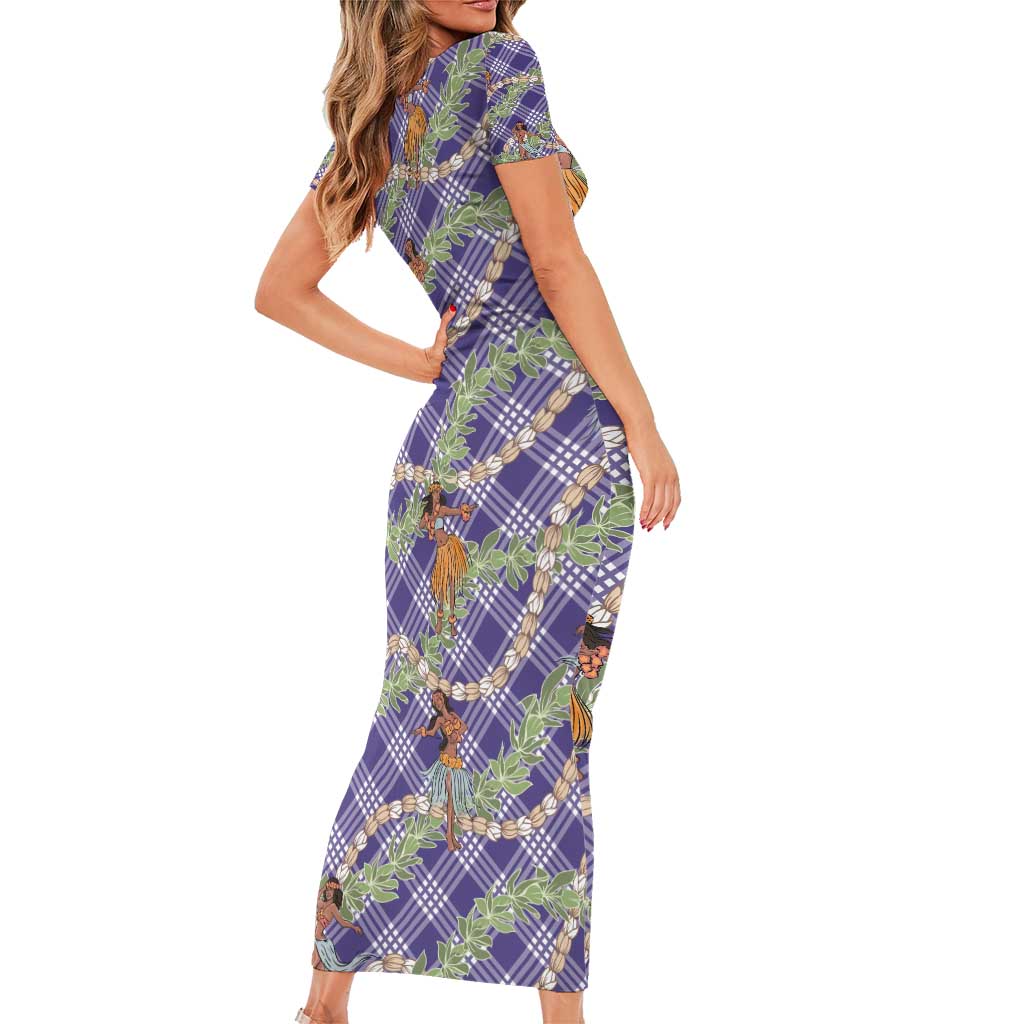 Lavender Palaka Hula Girls Seamless Hawaii Aloha Short Sleeve Bodycon Dress - Polynesian Pride
