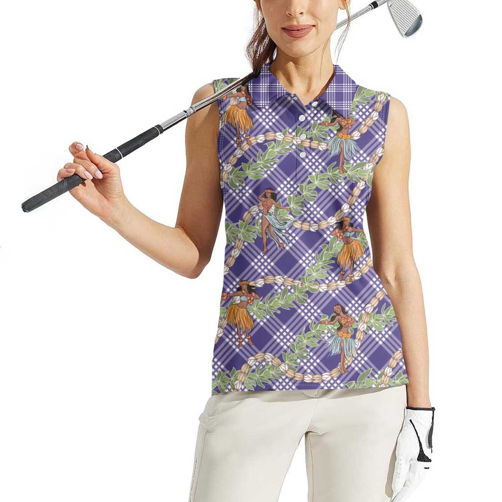 Lavender Palaka Hula Girls Seamless Hawaii Aloha Women Sleeveless Polo Shirt - Polynesian Pride