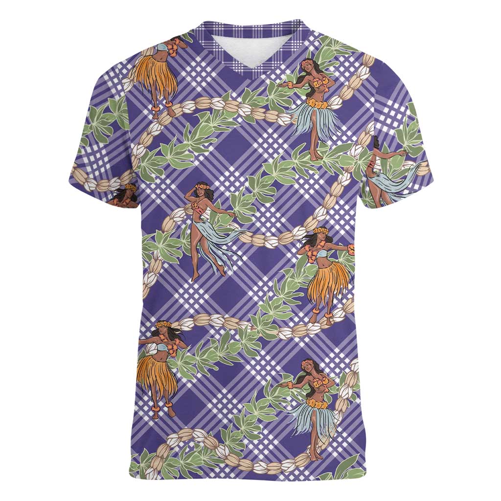 Lavender Palaka Hula Girls Seamless Hawaii Aloha Women V-Neck T-Shirt LT7 Female Lavender - Polynesian Pride