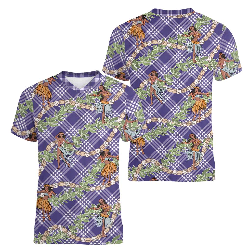 Lavender Palaka Hula Girls Seamless Hawaii Aloha Women V-Neck T-Shirt LT7 - Polynesian Pride