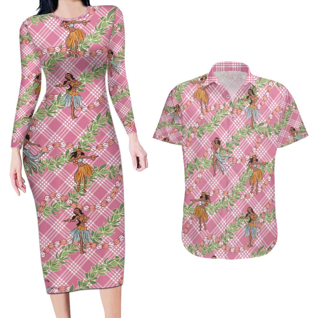 Lokelani Pink Palaka Hula Girls Seamless Hawaii Aloha Couples Matching Long Sleeve Bodycon Dress and Hawaiian Shirt - Polynesian Pride
