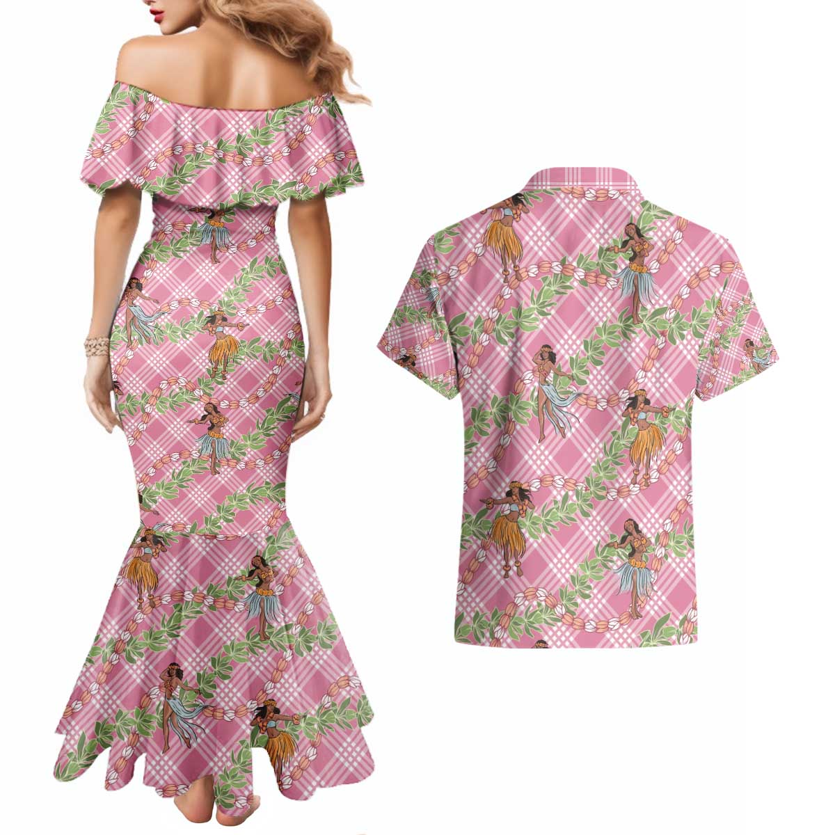 Lokelani Pink Palaka Hula Girls Seamless Hawaii Aloha Couples Matching Mermaid Dress and Hawaiian Shirt - Polynesian Pride