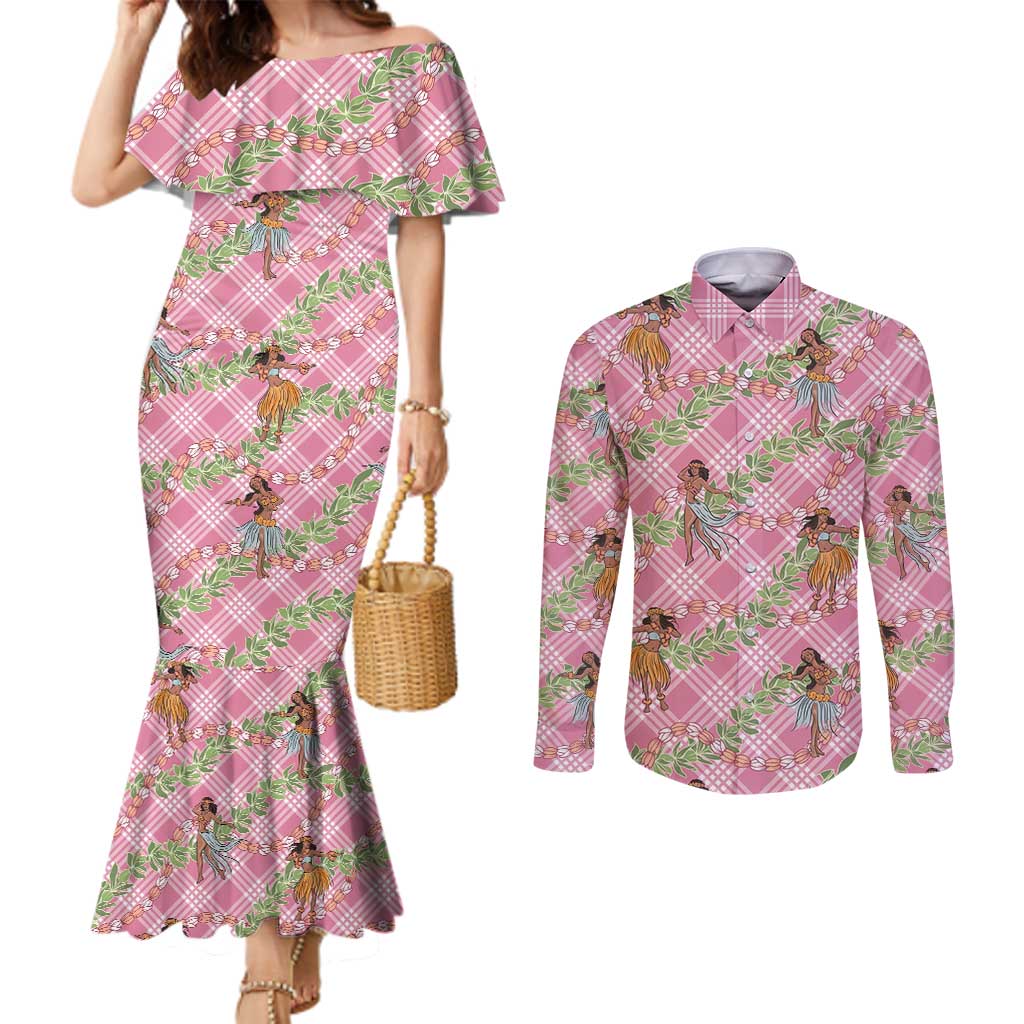 Lokelani Pink Palaka Hula Girls Seamless Hawaii Aloha Couples Matching Mermaid Dress and Long Sleeve Button Shirt - Polynesian Pride