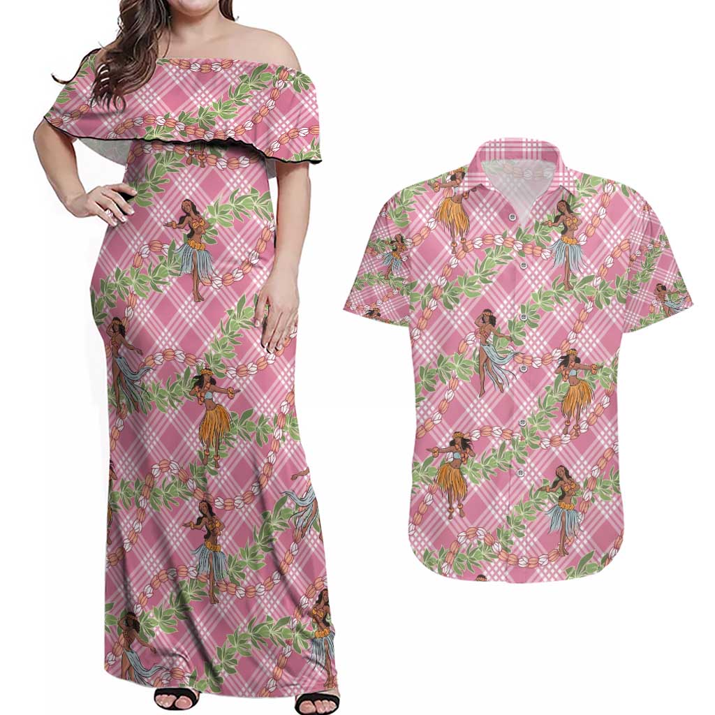 Lokelani Pink Palaka Hula Girls Seamless Hawaii Aloha Couples Matching Off Shoulder Maxi Dress and Hawaiian Shirt - Polynesian Pride