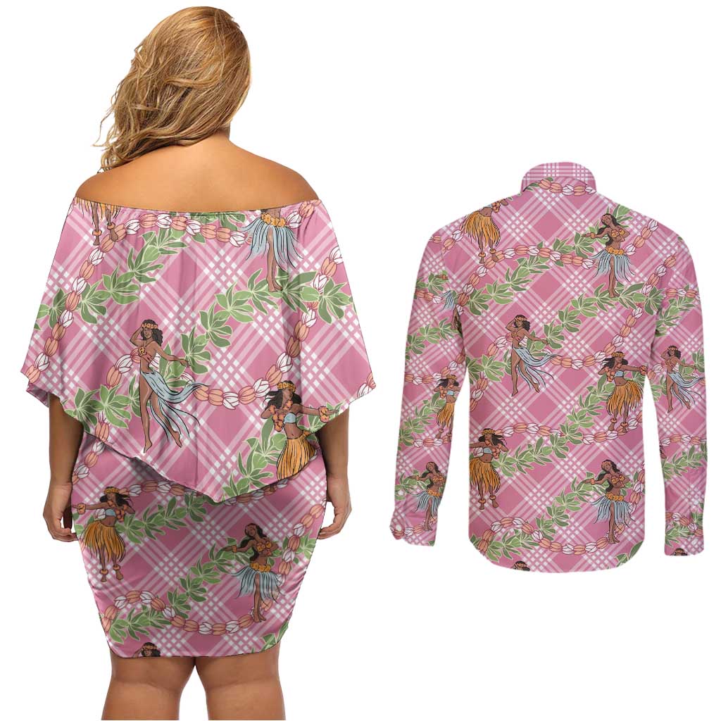Lokelani Pink Palaka Hula Girls Seamless Hawaii Aloha Couples Matching Off Shoulder Short Dress and Long Sleeve Button Shirt - Polynesian Pride