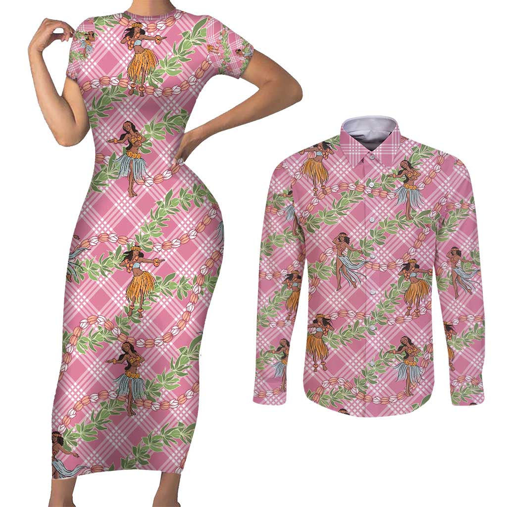 Lokelani Pink Palaka Hula Girls Seamless Hawaii Aloha Couples Matching Short Sleeve Bodycon Dress and Long Sleeve Button Shirt - Polynesian Pride