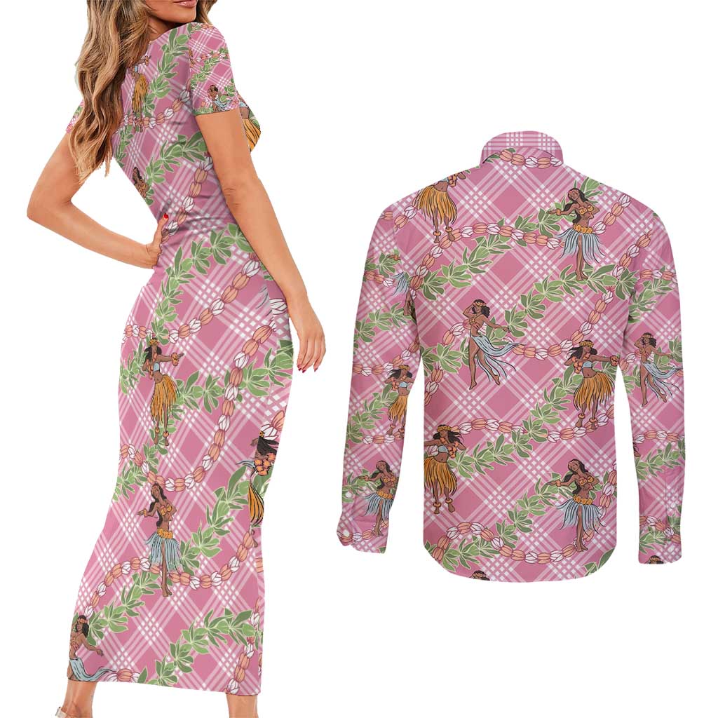 Lokelani Pink Palaka Hula Girls Seamless Hawaii Aloha Couples Matching Short Sleeve Bodycon Dress and Long Sleeve Button Shirt - Polynesian Pride