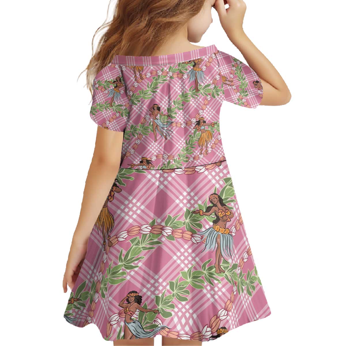 Lokelani Pink Palaka Hula Girls Seamless Hawaii Aloha Family Matching Off The Shoulder Long Sleeve Dress and Hawaiian Shirt - Polynesian Pride