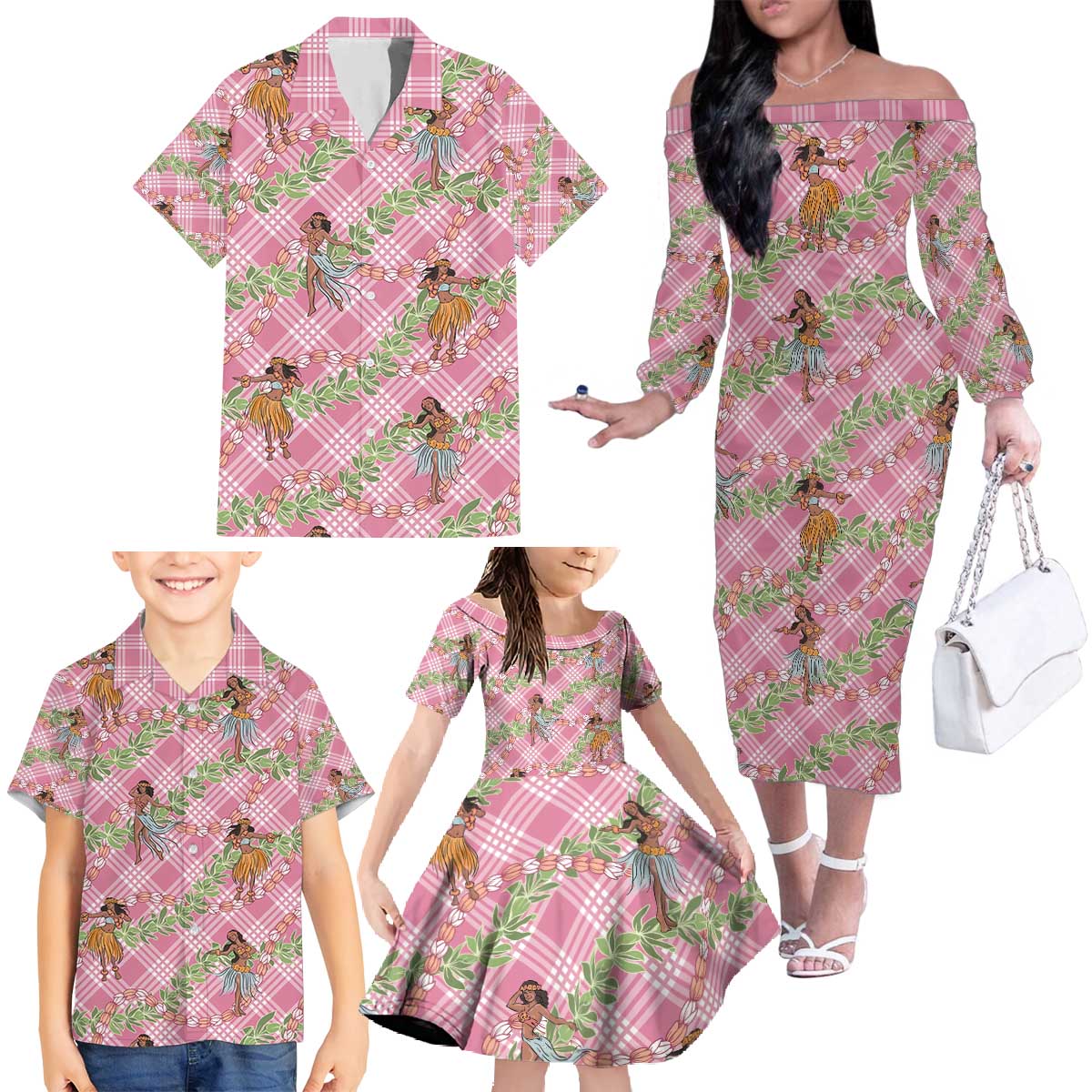 Lokelani Pink Palaka Hula Girls Seamless Hawaii Aloha Family Matching Off The Shoulder Long Sleeve Dress and Hawaiian Shirt - Polynesian Pride