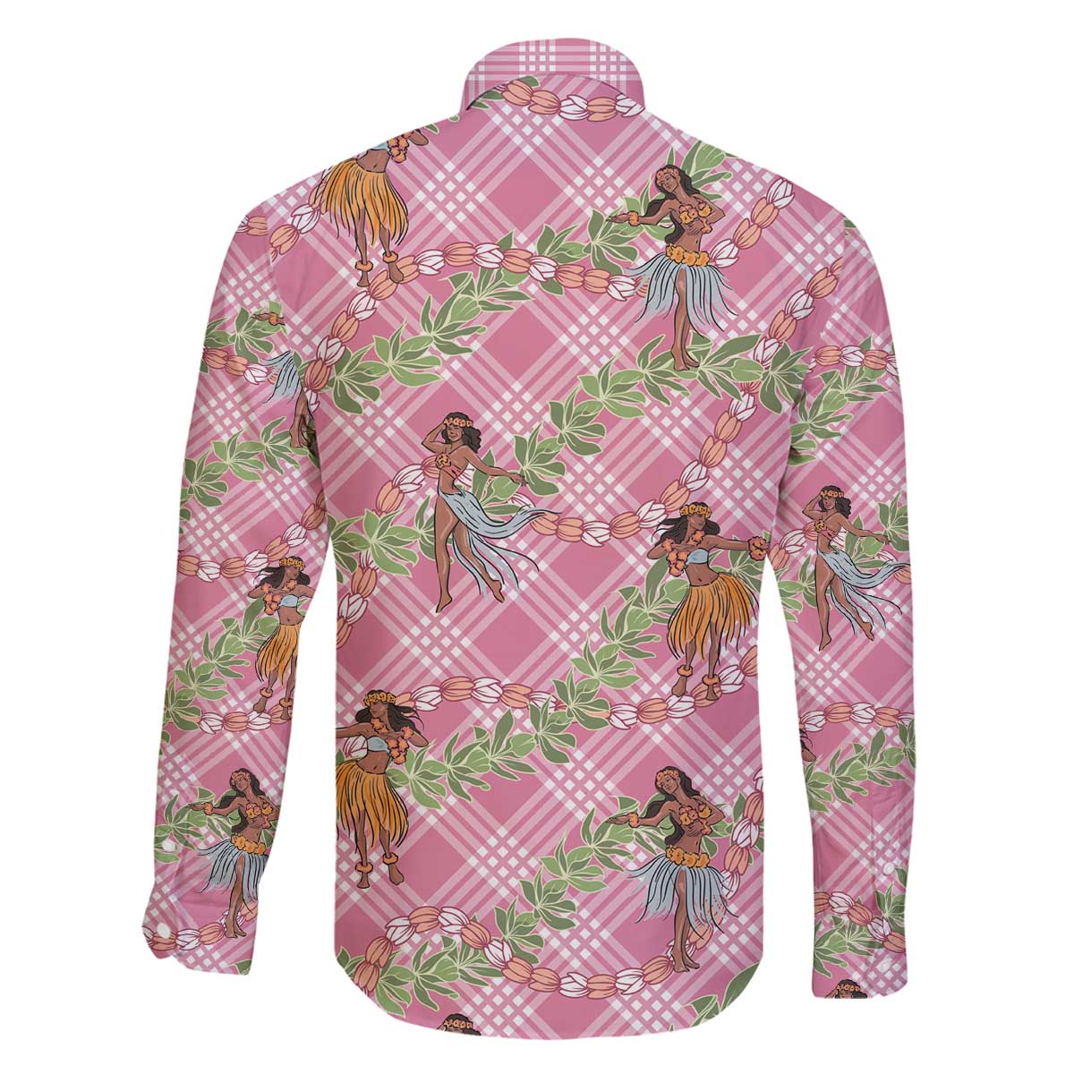 Lokelani Pink Palaka Hula Girls Seamless Hawaii Aloha Family Matching Off The Shoulder Long Sleeve Dress and Hawaiian Shirt - Polynesian Pride