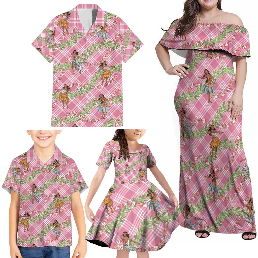 Lokelani Pink Palaka Hula Girls Seamless Hawaii Aloha Family Matching Off Shoulder Maxi Dress and Hawaiian Shirt - Polynesian Pride