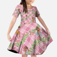 Lokelani Pink Palaka Hula Girls Seamless Hawaii Aloha Family Matching Short Sleeve Bodycon Dress and Hawaiian Shirt - Polynesian Pride