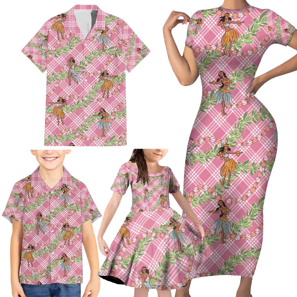 Lokelani Pink Palaka Hula Girls Seamless Hawaii Aloha Family Matching Short Sleeve Bodycon Dress and Hawaiian Shirt - Polynesian Pride