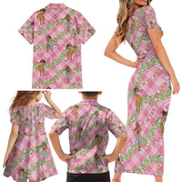 Lokelani Pink Palaka Hula Girls Seamless Hawaii Aloha Family Matching Short Sleeve Bodycon Dress and Hawaiian Shirt - Polynesian Pride