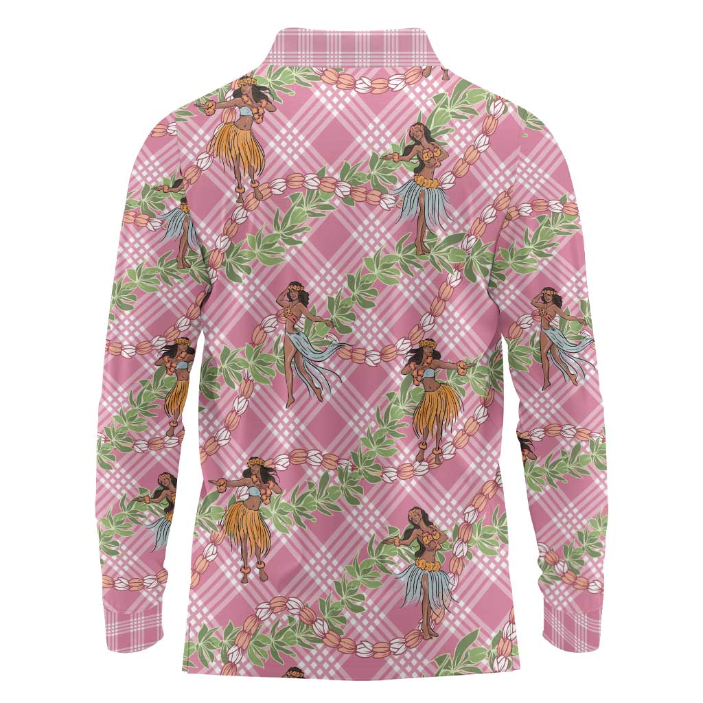 Lokelani Pink Palaka Hula Girls Seamless Hawaii Aloha Long Sleeve Polo Shirt - Polynesian Pride