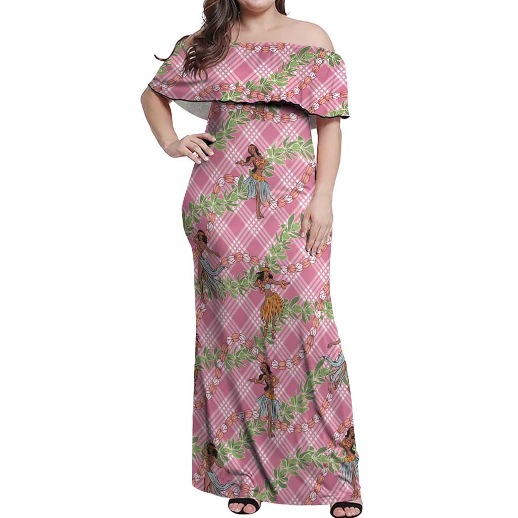 Lokelani Pink Palaka Hula Girls Seamless Hawaii Aloha Off Shoulder Maxi Dress - Polynesian Pride
