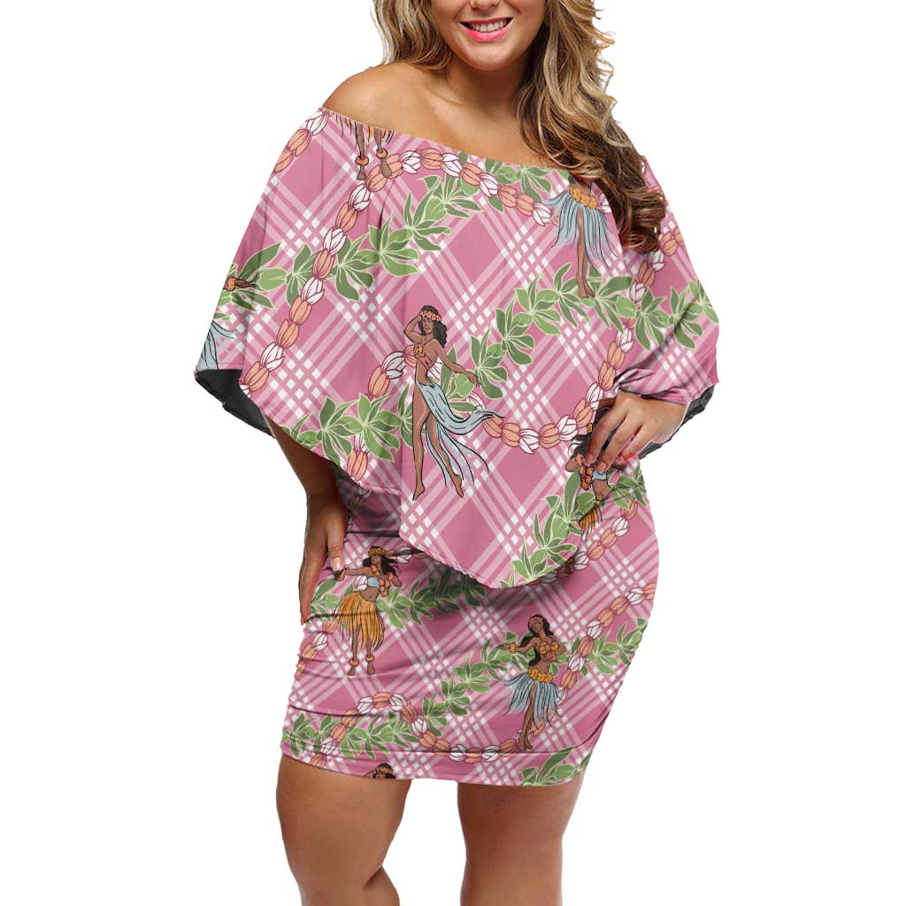 Lokelani Pink Palaka Hula Girls Seamless Hawaii Aloha Off Shoulder Short Dress LT7 Women Pink - Polynesian Pride