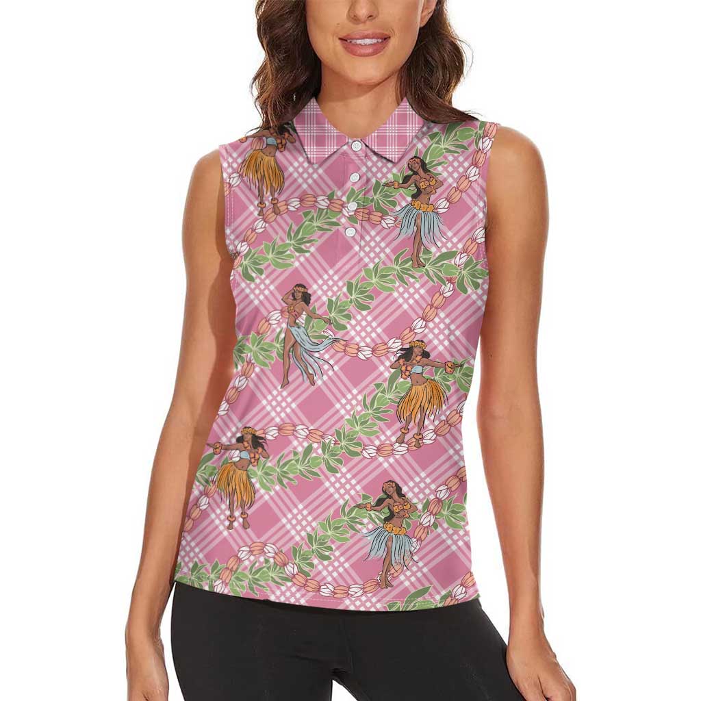 Lokelani Pink Palaka Hula Girls Seamless Hawaii Aloha Women Sleeveless Polo Shirt - Polynesian Pride