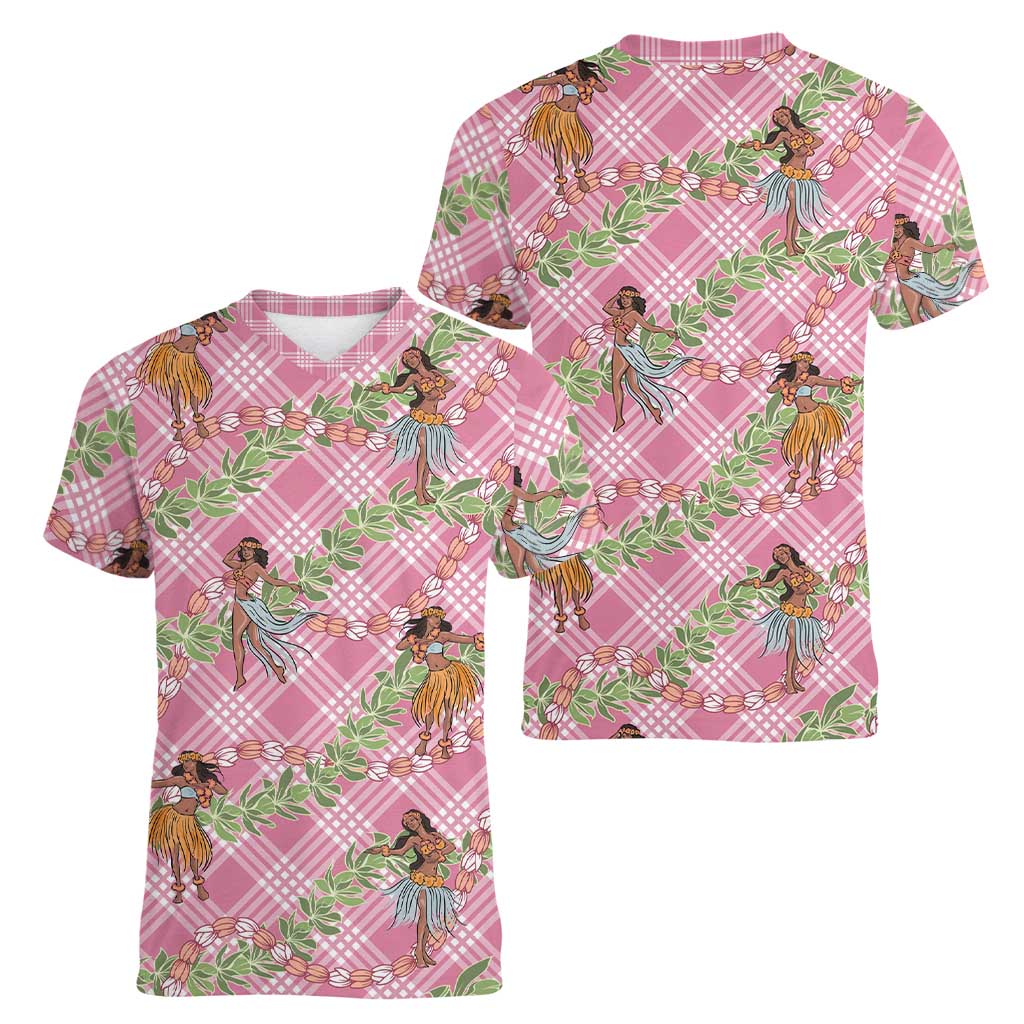 Lokelani Pink Palaka Hula Girls Seamless Hawaii Aloha Women V-Neck T-Shirt - Polynesian Pride