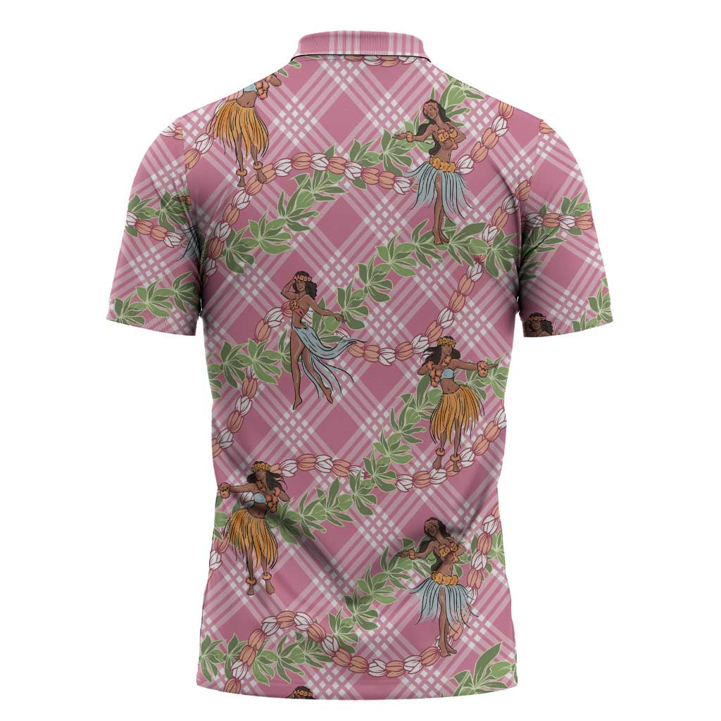Lokelani Pink Palaka Hula Girls Seamless Hawaii Aloha Zipper Polo Shirt - Polynesian Pride