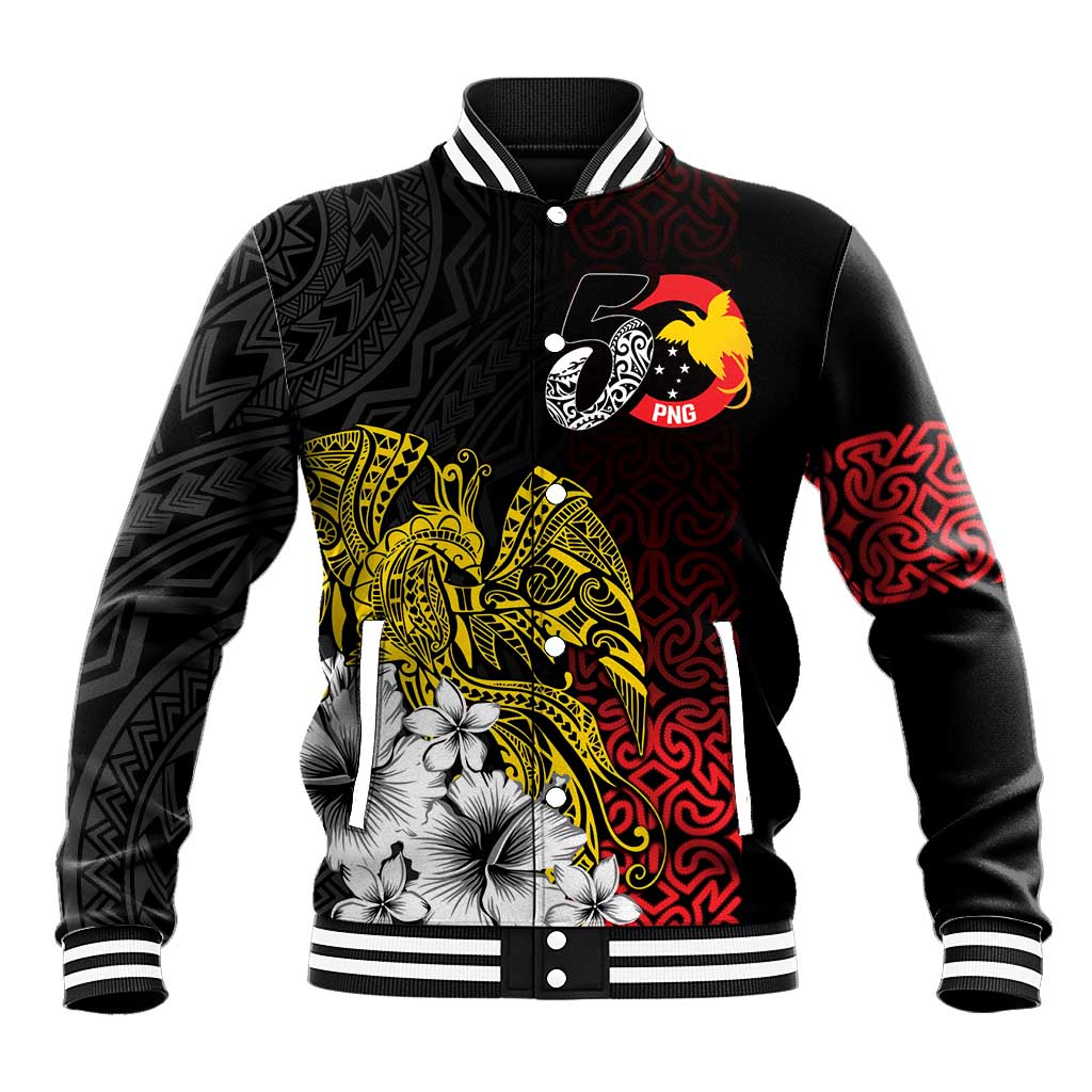Personalized Papua New Guinea 50th Independence Anniversary Baseball Jacket Oro Tapa Mix Plumeria LT7 Unisex Black - Polynesian Pride