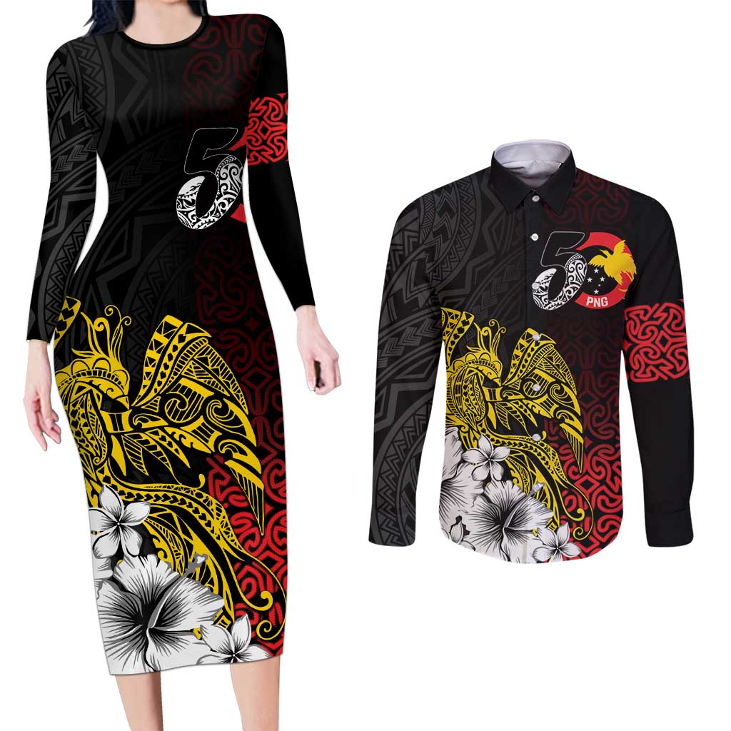 Personalized Papua New Guinea 50th Independence Anniversary Couples Matching Long Sleeve Bodycon Dress and Long Sleeve Button Shirt Oro Tapa Mix Plumeria