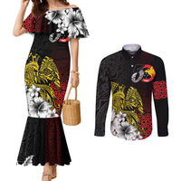 Personalized Papua New Guinea 50th Independence Anniversary Couples Matching Mermaid Dress and Long Sleeve Button Shirt Oro Tapa Mix Plumeria LT7 Black - Polynesian Pride