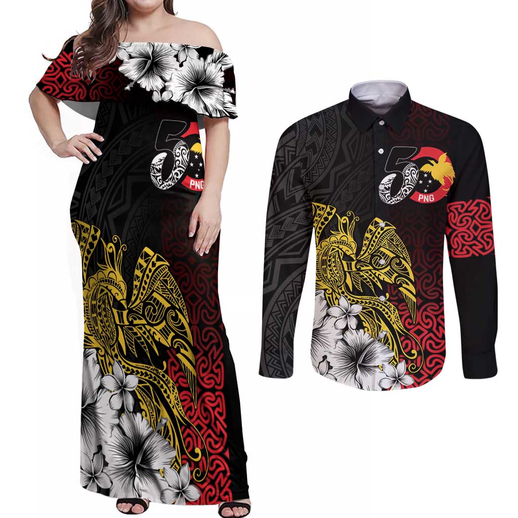 Personalized Papua New Guinea 50th Independence Anniversary Couples Matching Off Shoulder Maxi Dress and Long Sleeve Button Shirt Oro Tapa Mix Plumeria LT7 Black - Polynesian Pride