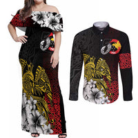 Personalized Papua New Guinea 50th Independence Anniversary Couples Matching Off Shoulder Maxi Dress and Long Sleeve Button Shirt Oro Tapa Mix Plumeria LT7 Black - Polynesian Pride