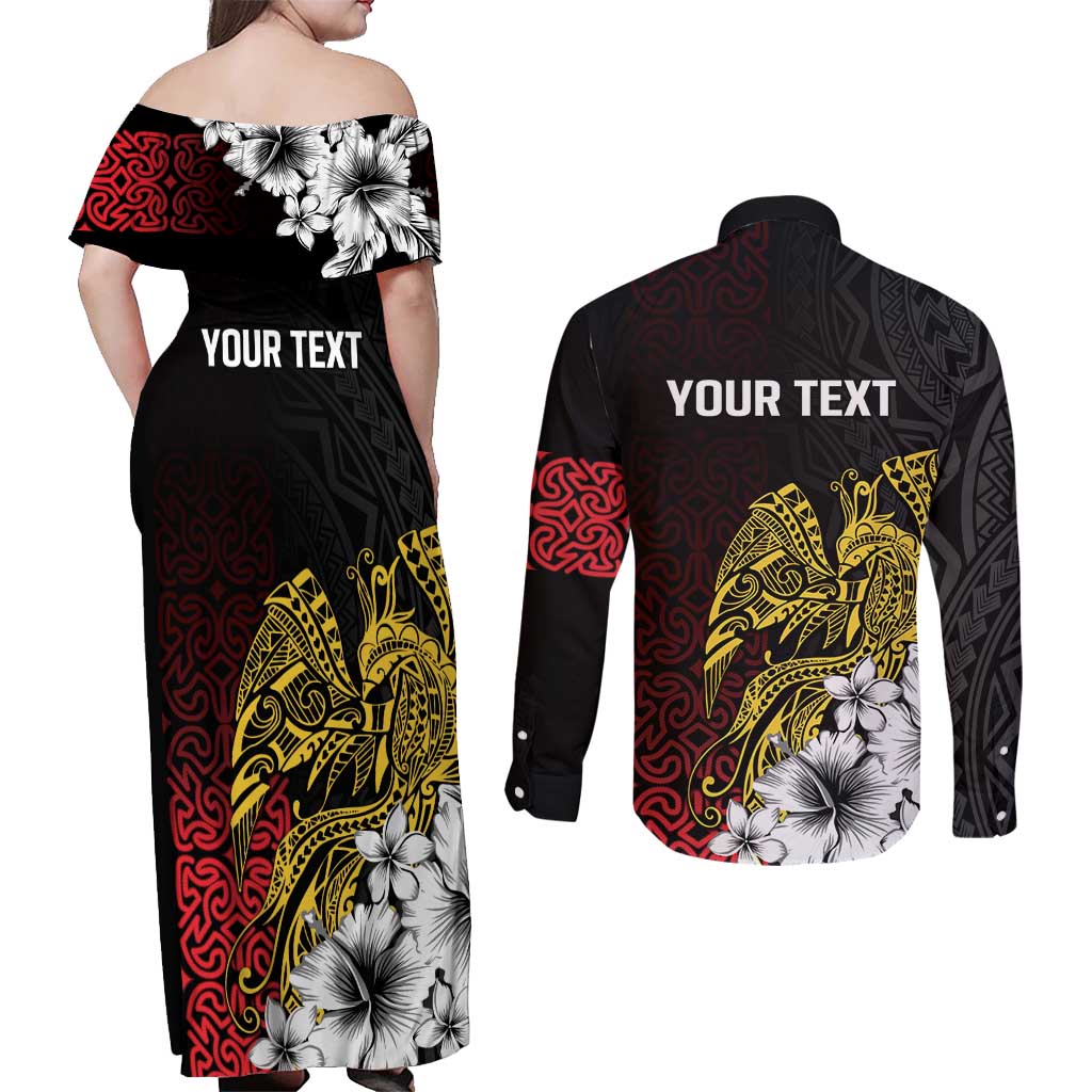 Personalized Papua New Guinea 50th Independence Anniversary Couples Matching Off Shoulder Maxi Dress and Long Sleeve Button Shirt Oro Tapa Mix Plumeria LT7 - Polynesian Pride