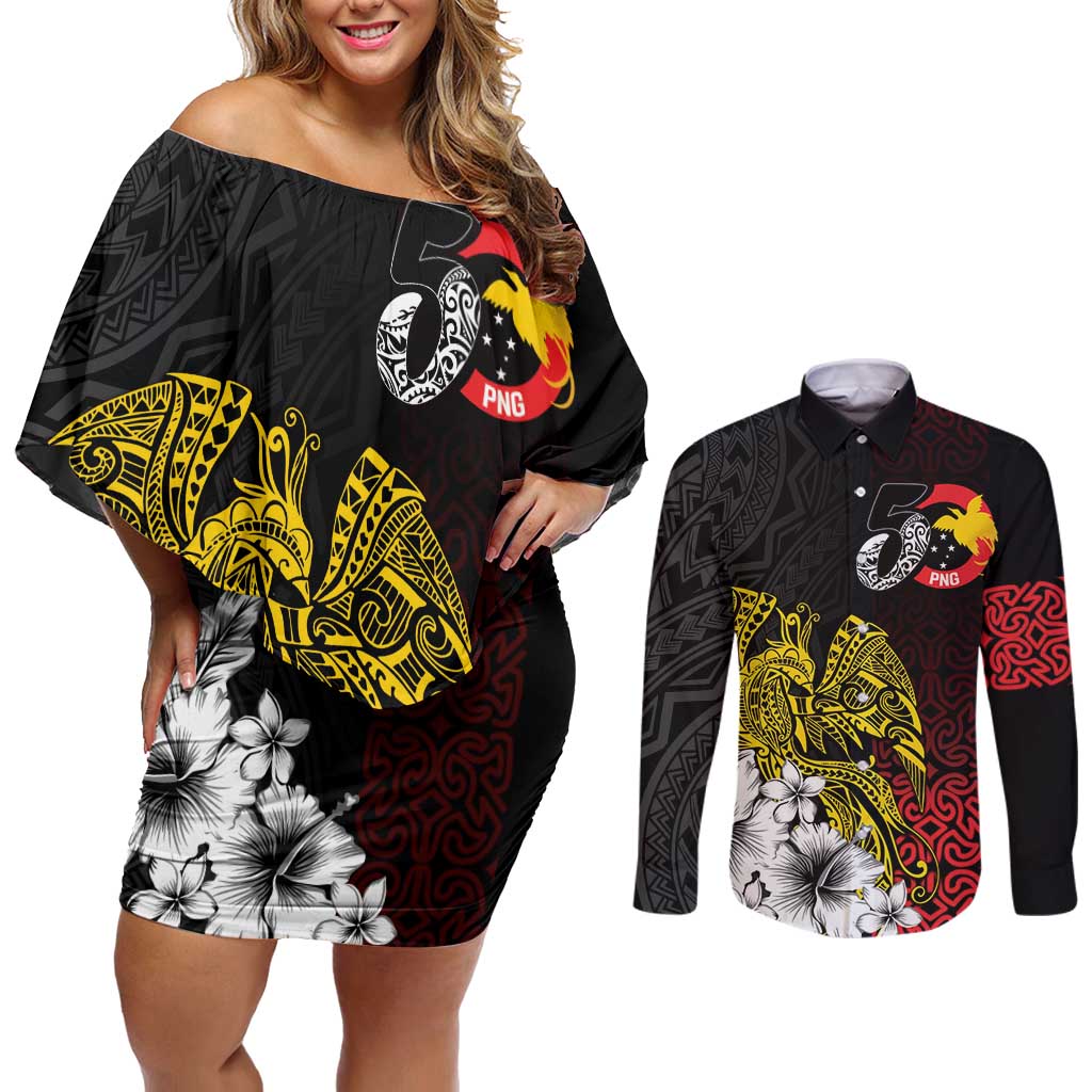 Personalized Papua New Guinea 50th Independence Anniversary Couples Matching Off Shoulder Short Dress and Long Sleeve Button Shirt Oro Tapa Mix Plumeria LT7 Black - Polynesian Pride