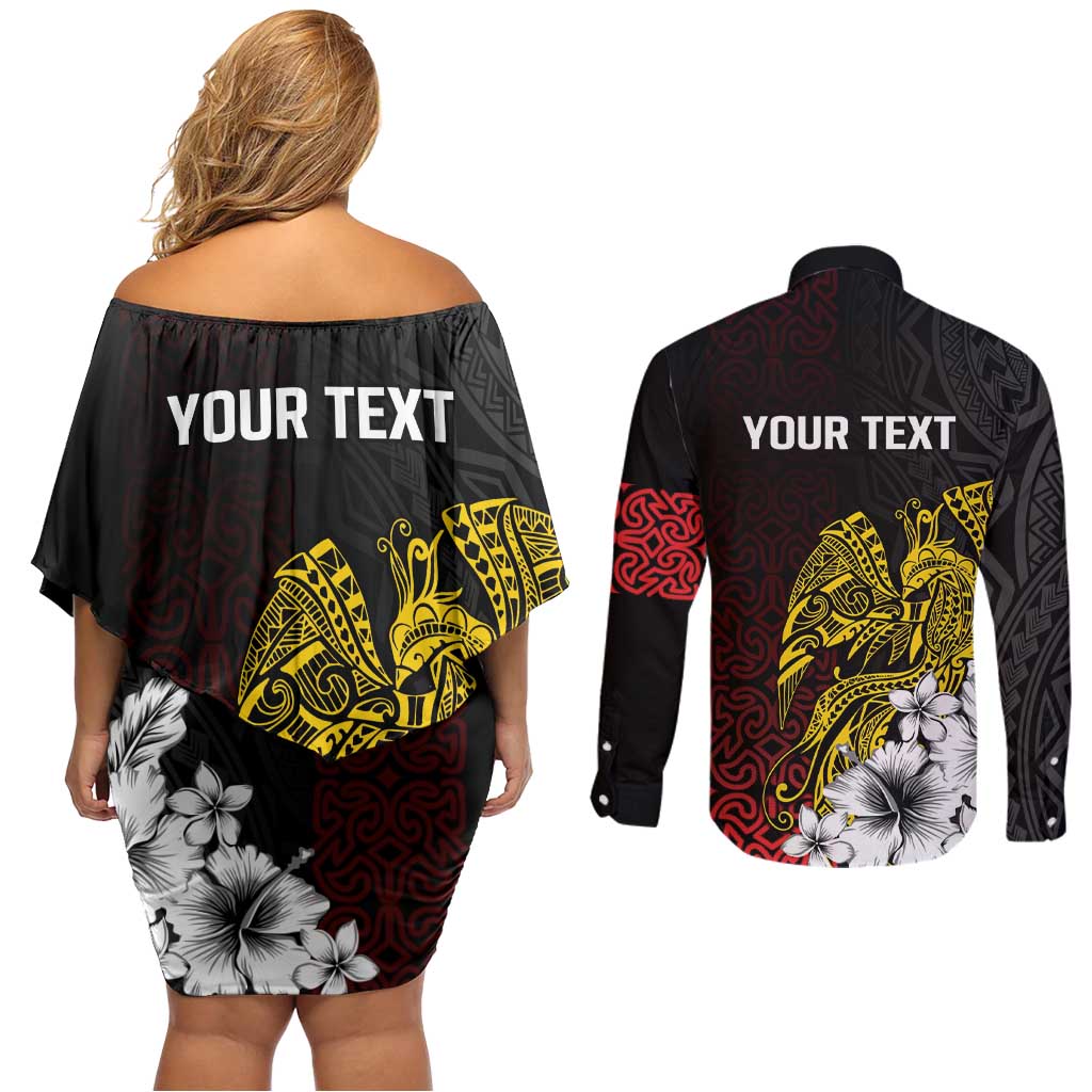 Personalized Papua New Guinea 50th Independence Anniversary Couples Matching Off Shoulder Short Dress and Long Sleeve Button Shirt Oro Tapa Mix Plumeria LT7 - Polynesian Pride