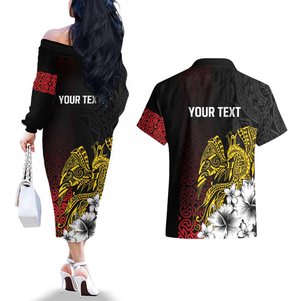 Personalized Papua New Guinea 50th Independence Anniversary Couples Matching Off The Shoulder Long Sleeve Dress and Hawaiian Shirt Oro Tapa Mix Plumeria