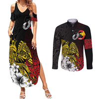 Personalized Papua New Guinea 50th Independence Anniversary Couples Matching Summer Maxi Dress and Long Sleeve Button Shirt Oro Tapa Mix Plumeria LT7 Black - Polynesian Pride