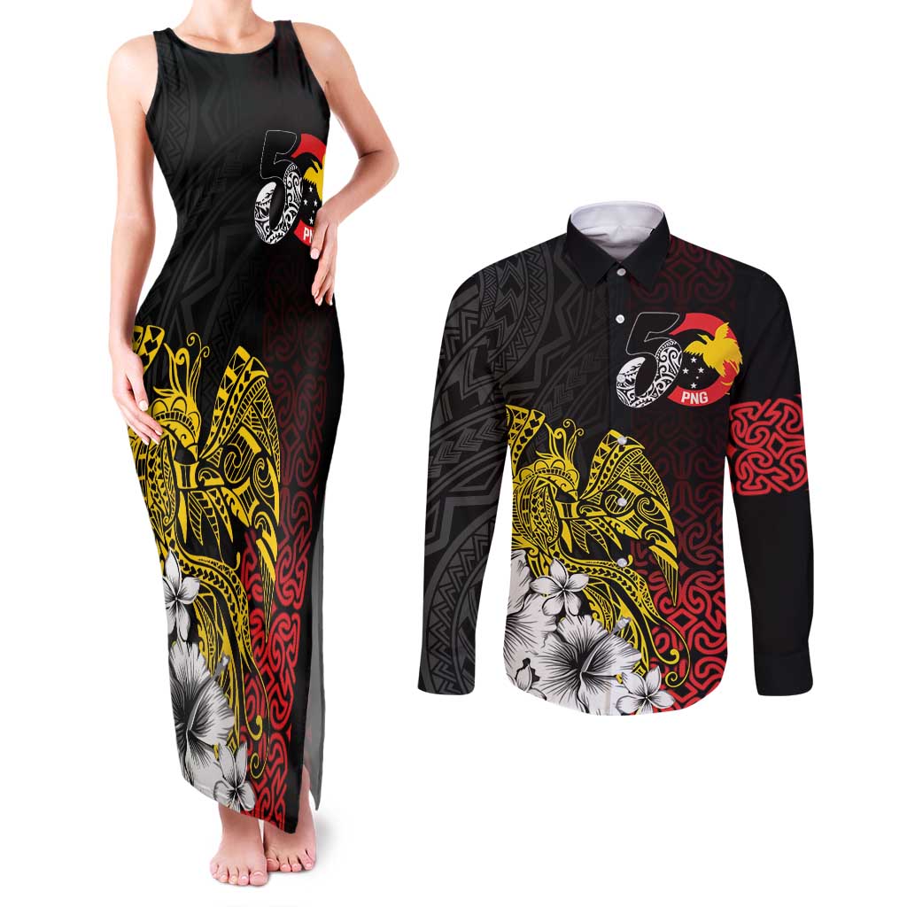 Personalized Papua New Guinea 50th Independence Anniversary Couples Matching Tank Maxi Dress and Long Sleeve Button Shirt Oro Tapa Mix Plumeria LT7 Black - Polynesian Pride