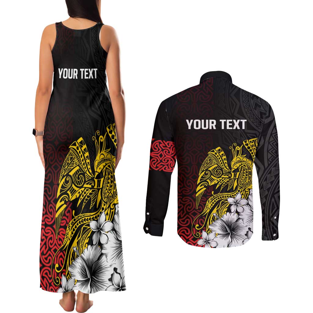 Personalized Papua New Guinea 50th Independence Anniversary Couples Matching Tank Maxi Dress and Long Sleeve Button Shirt Oro Tapa Mix Plumeria LT7 - Polynesian Pride