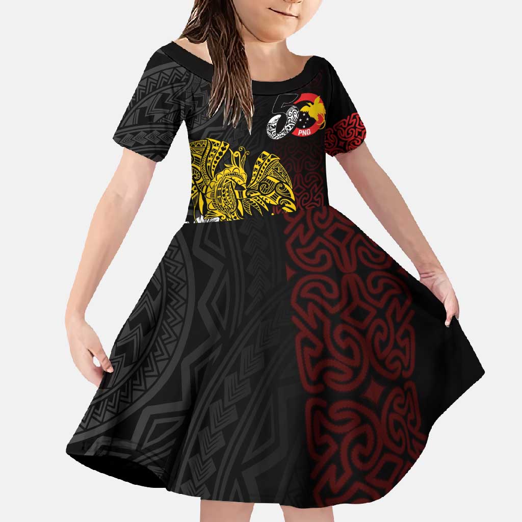 Personalized Papua New Guinea 50th Independence Anniversary Family Matching Long Sleeve Bodycon Dress and Hawaiian Shirt Oro Tapa Mix Plumeria LT7 Daughter's Dress Black - Polynesian Pride